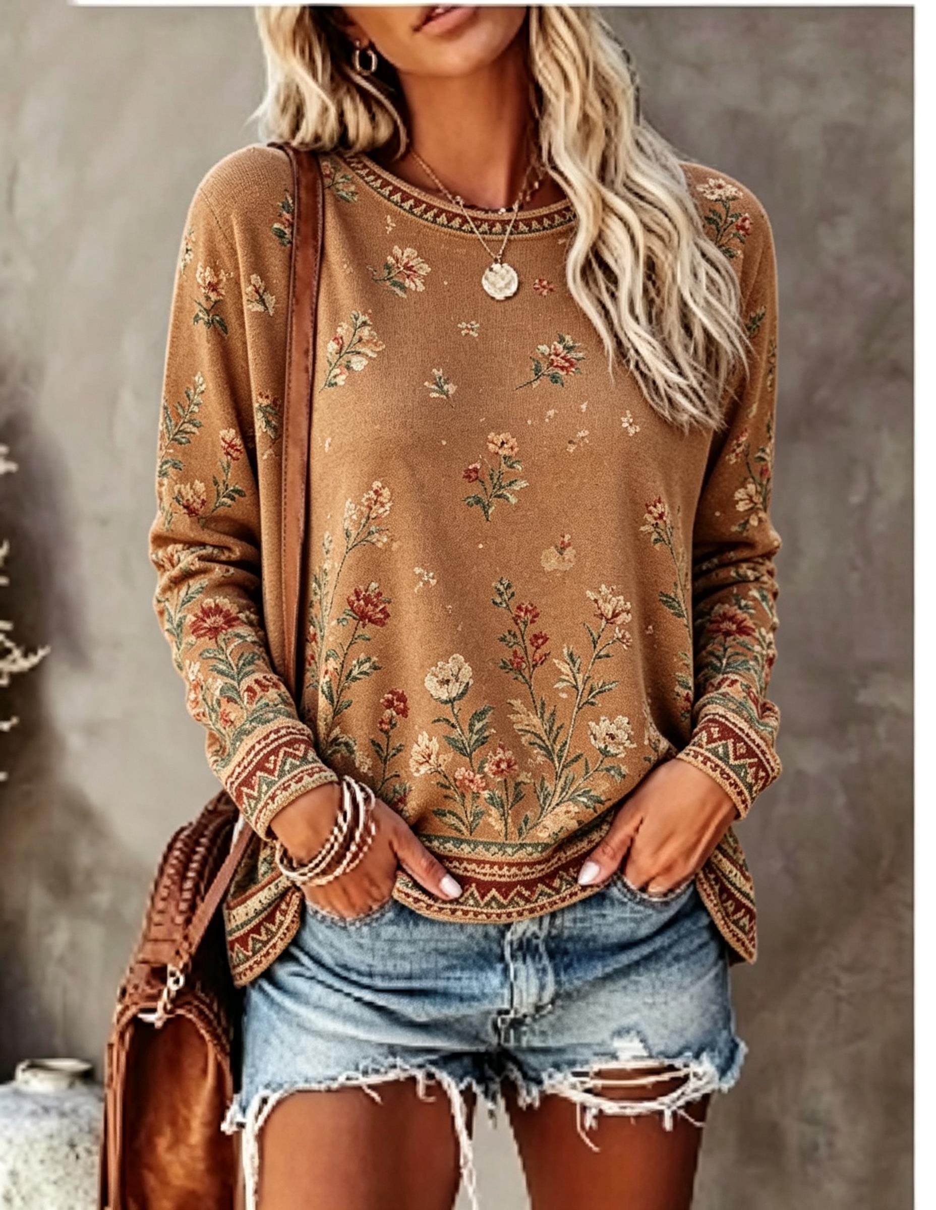 Blouses - تي شيرت نسائي برقبة دائرية وأكمام